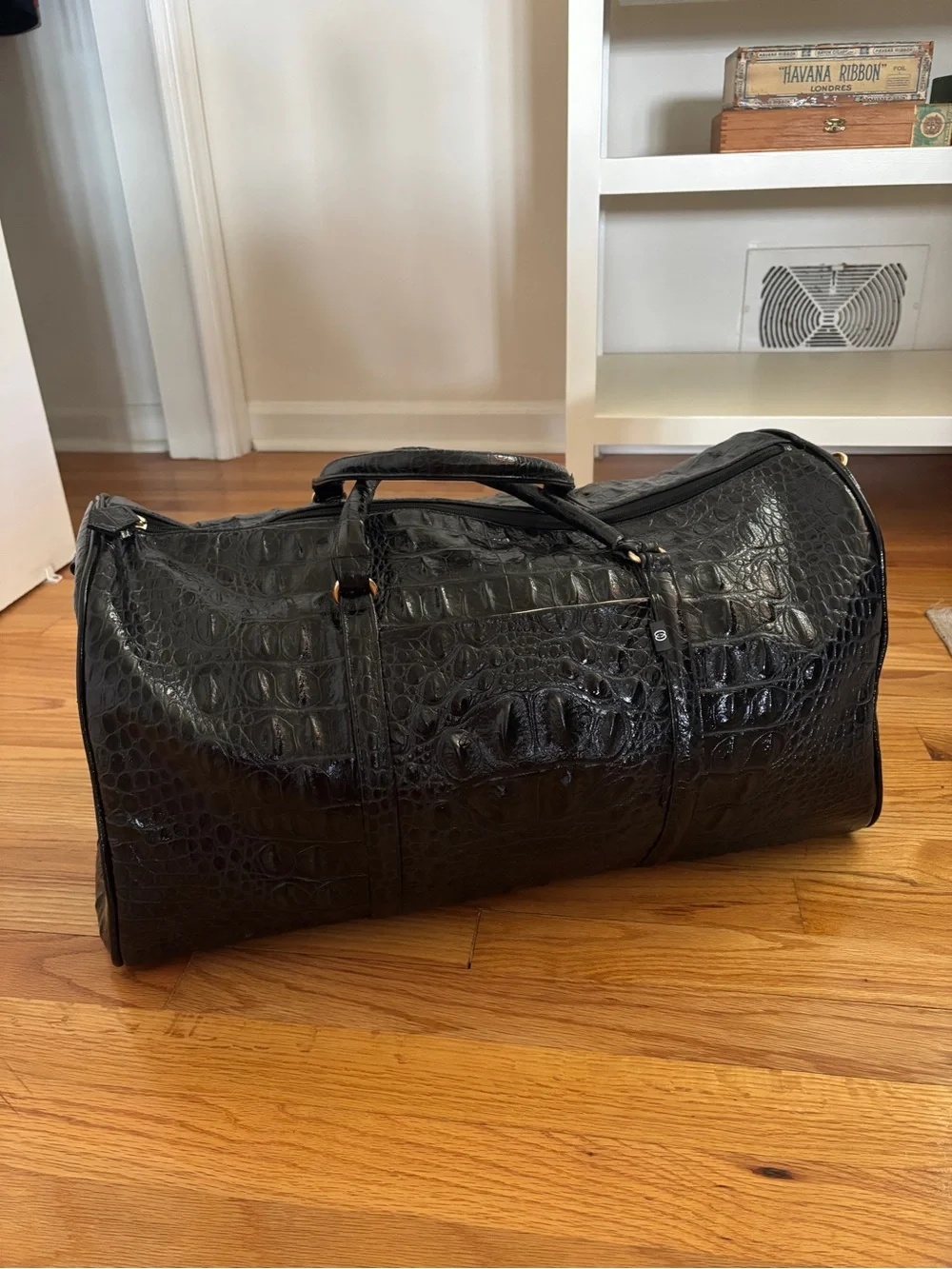 Veari Voyage Carry-On Duffle Bag Black Croc Embossed Leather NWT